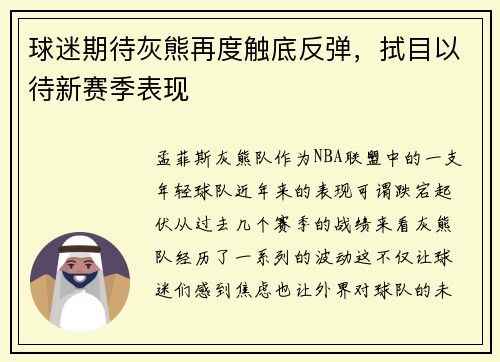 球迷期待灰熊再度触底反弹，拭目以待新赛季表现
