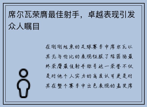 席尔瓦荣膺最佳射手，卓越表现引发众人瞩目