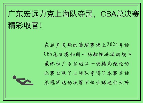 广东宏远力克上海队夺冠，CBA总决赛精彩收官！