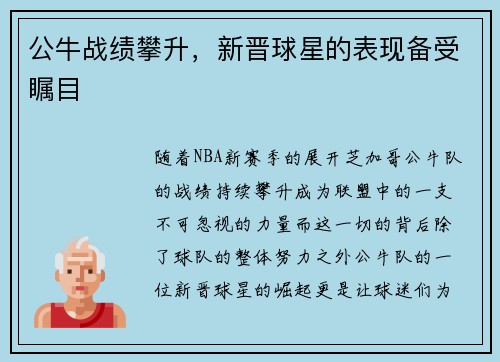 公牛战绩攀升，新晋球星的表现备受瞩目