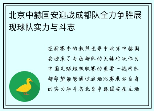 北京中赫国安迎战成都队全力争胜展现球队实力与斗志