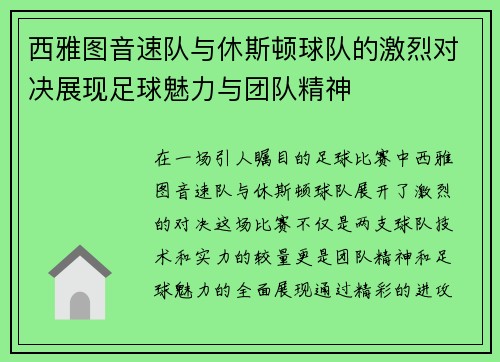 西雅图音速队与休斯顿球队的激烈对决展现足球魅力与团队精神