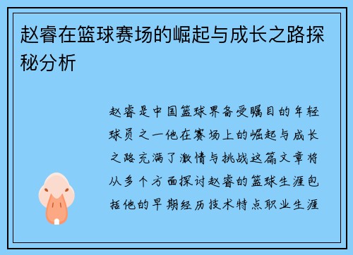 赵睿在篮球赛场的崛起与成长之路探秘分析