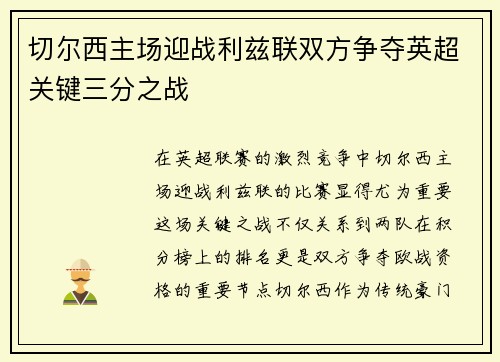 切尔西主场迎战利兹联双方争夺英超关键三分之战