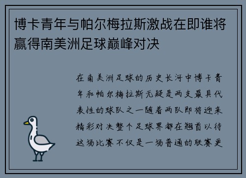 博卡青年与帕尔梅拉斯激战在即谁将赢得南美洲足球巅峰对决