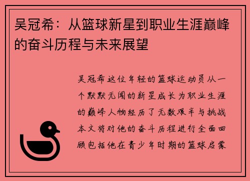 吴冠希：从篮球新星到职业生涯巅峰的奋斗历程与未来展望