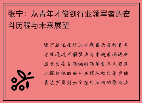 张宁：从青年才俊到行业领军者的奋斗历程与未来展望