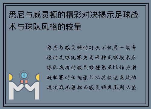 悉尼与威灵顿的精彩对决揭示足球战术与球队风格的较量