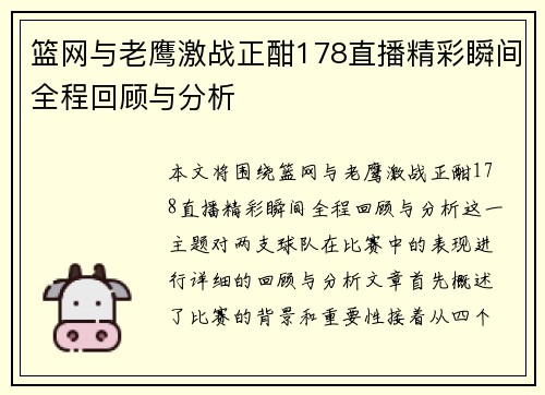 篮网与老鹰激战正酣178直播精彩瞬间全程回顾与分析