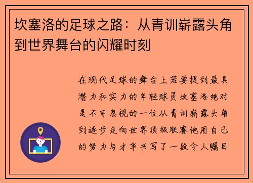 坎塞洛的足球之路：从青训崭露头角到世界舞台的闪耀时刻