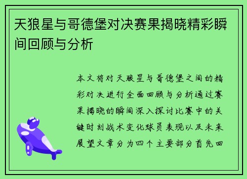 天狼星与哥德堡对决赛果揭晓精彩瞬间回顾与分析