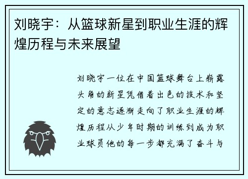 刘晓宇：从篮球新星到职业生涯的辉煌历程与未来展望