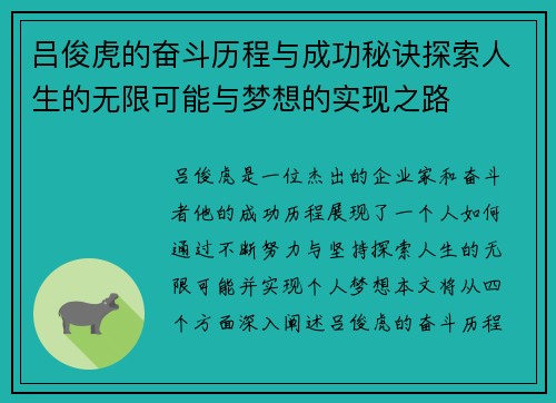 吕俊虎的奋斗历程与成功秘诀探索人生的无限可能与梦想的实现之路