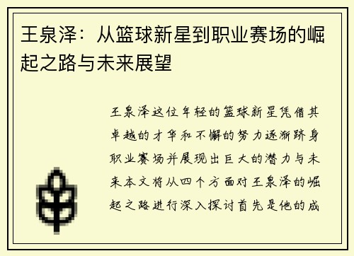 王泉泽：从篮球新星到职业赛场的崛起之路与未来展望
