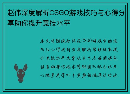 赵伟深度解析CSGO游戏技巧与心得分享助你提升竞技水平