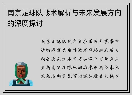 南京足球队战术解析与未来发展方向的深度探讨