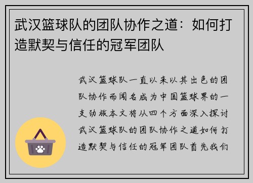 武汉篮球队的团队协作之道：如何打造默契与信任的冠军团队