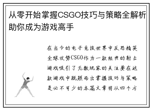 从零开始掌握CSGO技巧与策略全解析助你成为游戏高手