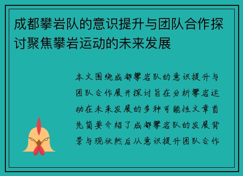 成都攀岩队的意识提升与团队合作探讨聚焦攀岩运动的未来发展