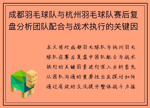 成都羽毛球队与杭州羽毛球队赛后复盘分析团队配合与战术执行的关键因素 - 副本