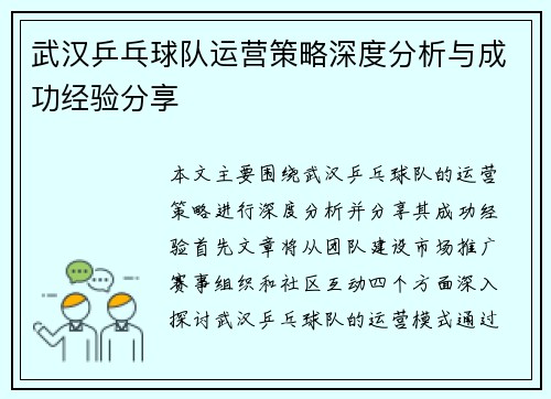 武汉乒乓球队运营策略深度分析与成功经验分享