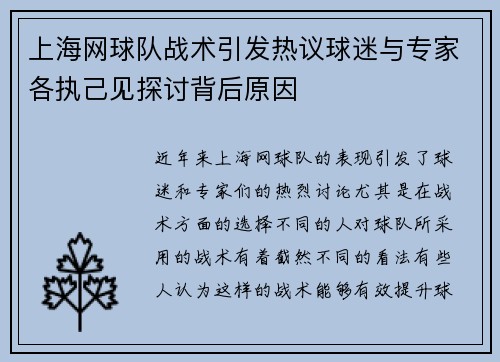 上海网球队战术引发热议球迷与专家各执己见探讨背后原因